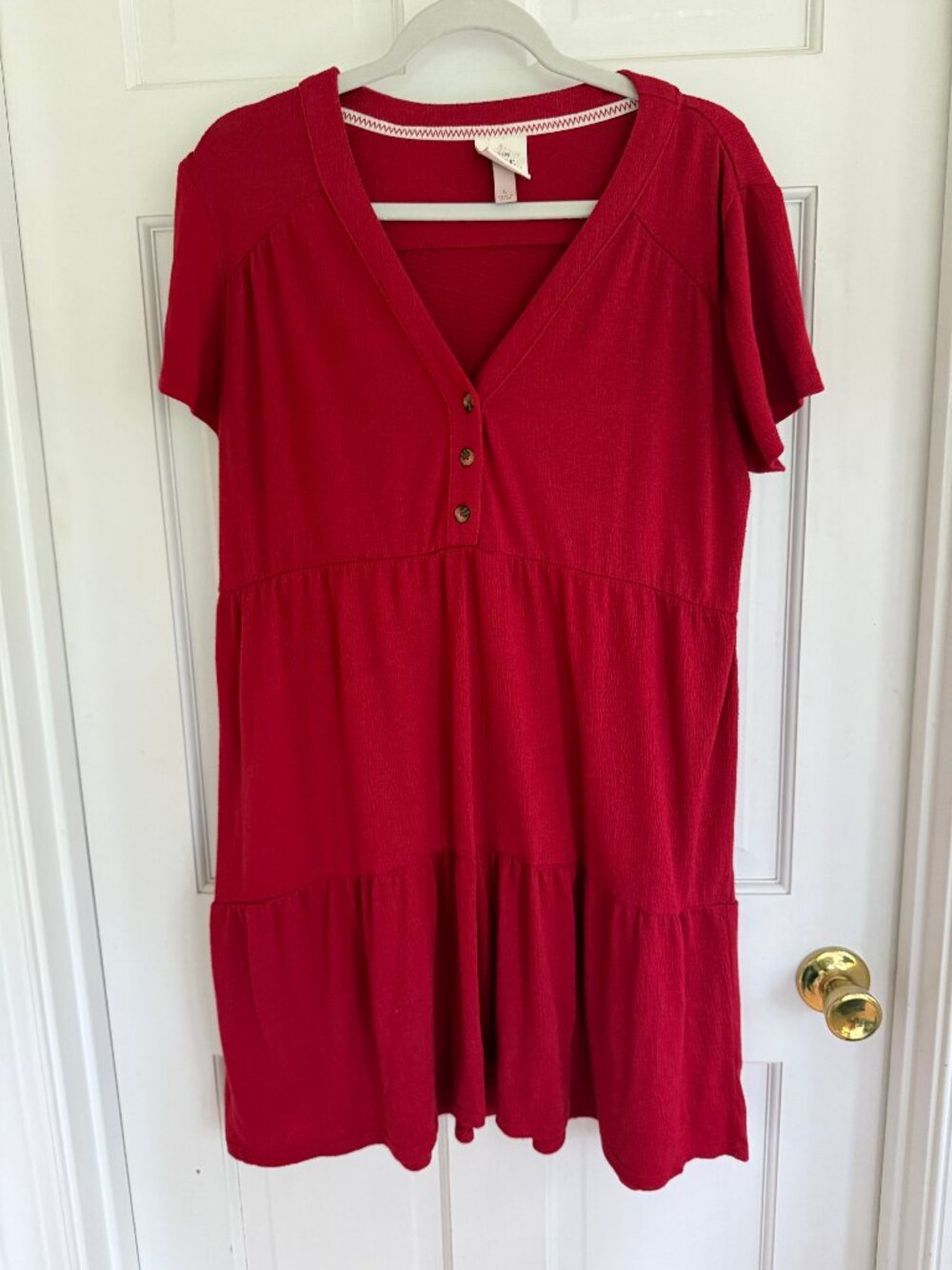 Knox Rose Women's Large Red Tiered V-Neck Short Sleeve Dress